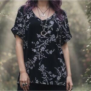 Floral V-Neck Longyuan Black Rayon Blend Short Sleeve Top Size L Large
